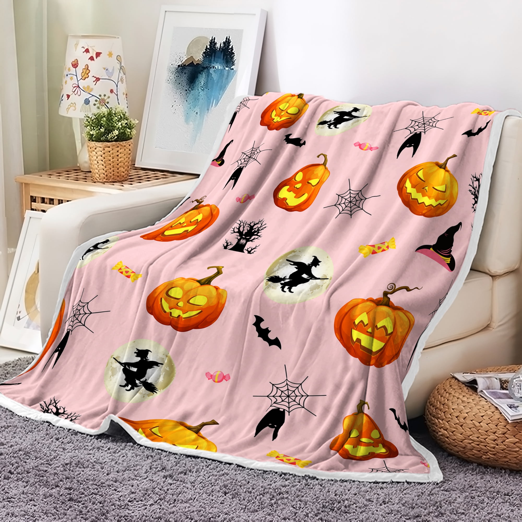 Halloween Blankets for Kids Fall Orange Pumpkin Spider Webs Black Bat Candy and Witch Throw Blanket Halloween Decor Super Soft Flannel Throw Blanket