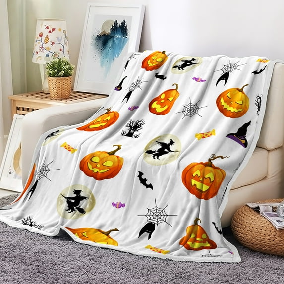 Halloween Blankets for Kids Fall Orange Pumpkin Spider Webs Black Bat Candy and Witch Throw Blanket Halloween Decor Super Soft Flannel Throw Blanket for Bedding Sofa Chair and Travel Decorations