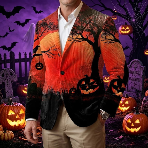Halloween Blazer for Men Lightweight Corduroy Halloween Themed Pattern Three Buttons Halloween Party Slim Fit Jacket with Pockets