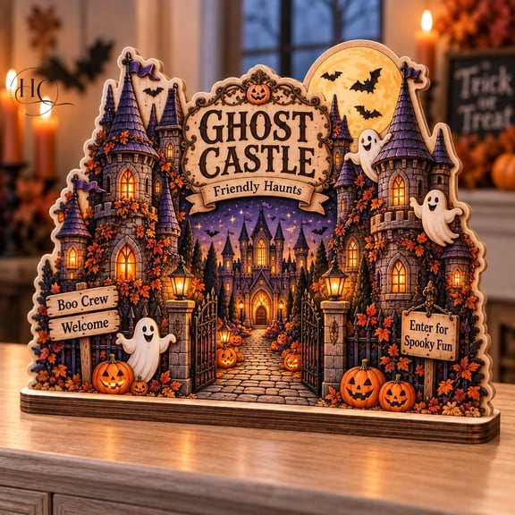 Halloween Block Ghost Castle with Friendly Haunts, Moon and Bats for Tabletop Display