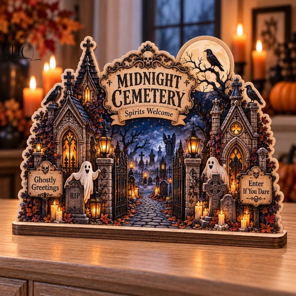 Halloween Block Midnight Cemetery Ghost and Candle Tabletop Display for Spooky Season Hosts