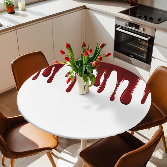 Halloween Blood Pattern Round Fitted Tablecloth with Elastic Edge,Waterproof Table Cloth Fits 36"-44" Table,Wipeable Washable Table Cover for Indoor Outdoor Dinning Party,Horror Red Fluid Style