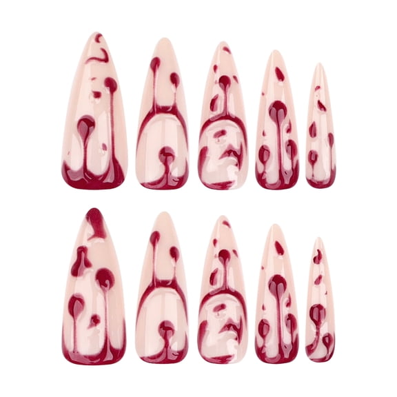 Halloween Blood Splatter Design with Dripping Effect, Off-White with Dark Red Accents Press on Nails, Long Stiletto Glossy Fake Nails, 10 Count
