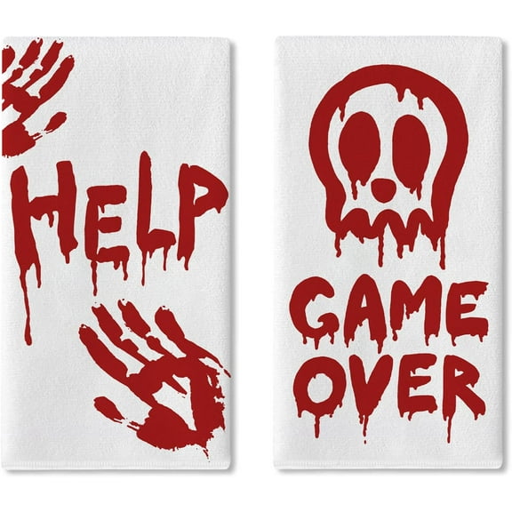 Halloween Bloody Hand Prints Kitchen Dish Towels Set of 2, Red White Horror Scary Help Me Run Drying Hand Towel Baking Cooking Cloth, Creepy Home Decoration 18 x 26 Inches