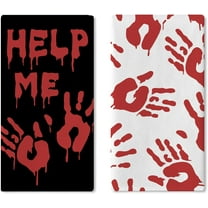 Halloween Bloody Hand Prints Kitchen Dish Towels Set of 2, Red White Horror Scary Help Me Run Drying Hand Towel Baking Cooking Cloth, Creepy Home Decoration 18 x 26 Inches