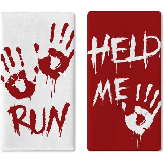 Halloween Bloody Hand Prints Kitchen Dish Towels Set of 2, Red White Horror Scary Help Me Run Drying Hand Towel Baking Cooking Cloth, Creepy Home Decoration 18 x 26 Inches