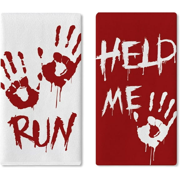 Halloween Bloody Hand Prints Kitchen Dish Towels Set of 2, Red White Horror Scary Help Me Run Drying Hand Towel Baking Cooking Cloth, Creepy Home Decoration 18 x 26 Inches