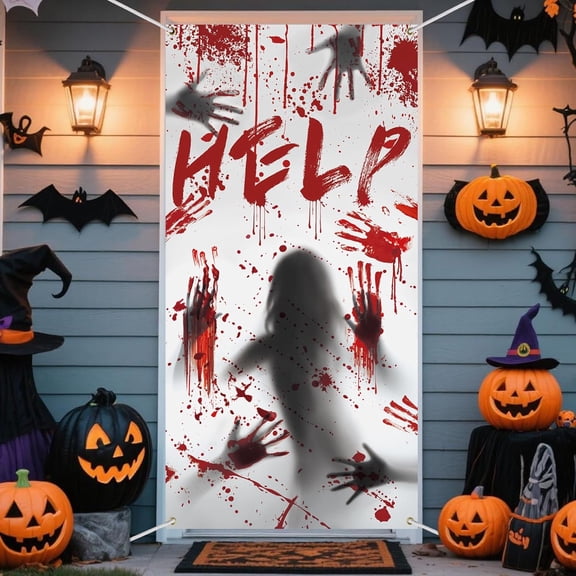 Halloween Bloody Handprint Door Cover 70.9 x 35.4 Inch Large Fabric Halloween Zombie Hands Backdrop Door Banner Scary Help Handprints Window Doors Decoration for Front Doors Porch Window Party Decor