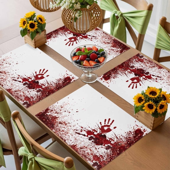 Halloween Bloody Handprint Placemats Set of 4,Wipeable Washable Table Mats for Dining Tables, Horror Blood Bloody Palm Place Mats for Kitchen Event Party Tabletop Decor