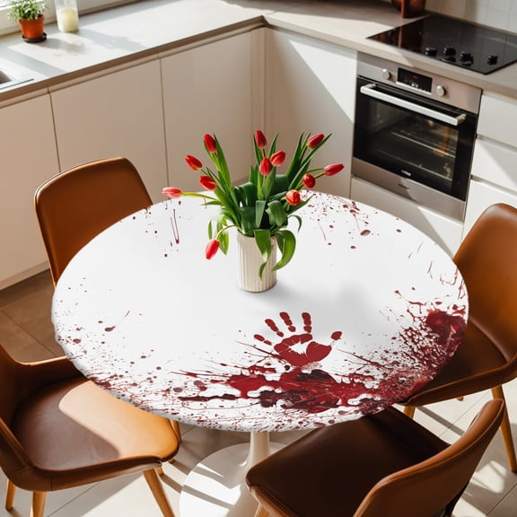 Halloween Bloody Handprint Round Fitted Tablecloth with Elastic Edge,Waterproof Table Cloth Fits 36"-44" Table,Wipeable Washable Table Cover for Indoor Outdoor Dinning Party,Horror Blood Bloody Palm