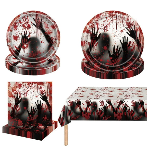 Halloween Bloody Party Supplies Tableware Set Halloween Handprint Disposable Tablecloth,Paper Plates and Napkins for Spooky Halloween Birthday Themed Party Decorations Sever 16 Guests