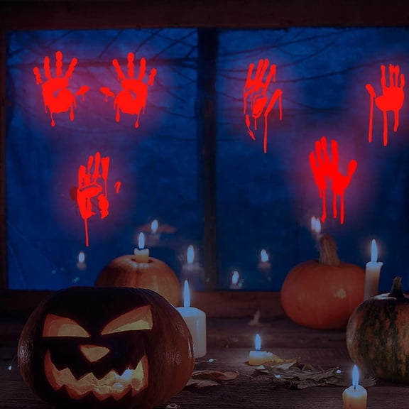 Halloween Bloody Stickers,Luminous Halloween Handprints Footprints Stickers,Vinyl Bloody Handprints Stickers for Wall Window Clings,Glow in The Dark Zombie Stickers Decals (Red Handprints)