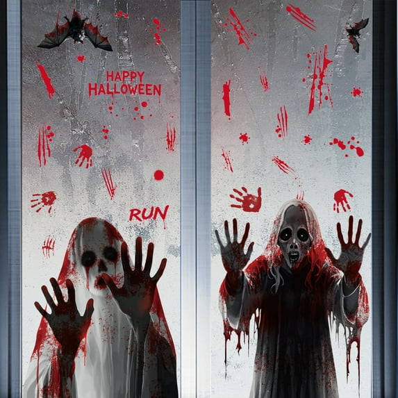 Halloween Bloody Window Clings Posters Bloody Handprint Sticker Party Decoration Haunted House Door Cover Creepy School Dormitory Window Decoration
