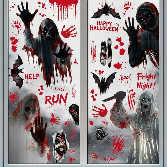 Halloween Bloody Window Clings Posters Bloody Handprint Sticker Party Decoration Haunted House Door Cover Creepy School Dormitory Window Decoration