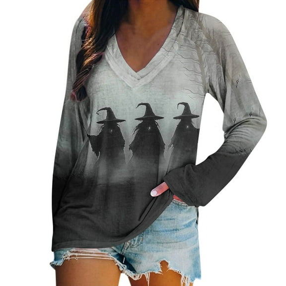 Halloween Blouses for Women Plus Size Loose Shirts Fall Long Sleeve V-Neck Pullover Full Printed Tops Funny Halloween Costumes