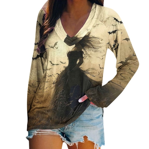 Halloween Blouses for Women Plus Size Loose Shirts Fall Long Sleeve V-Neck Pullover Full Printed Tops Funny Halloween Costumes