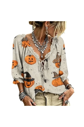 Halloween Blouses for Women Trendy Casual 3/4 Sleeve Funny Ghost Pumpkin Print Lace Up Blouse Ruffled Trim Casual Loose Flowy Dressy Shirts