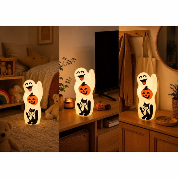 Halloween Blow Mold Ghost with Black Cat and Pumpkin Decor For Shelf Battery Operated Table Ornament For Holiday