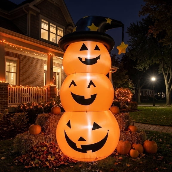 Halloween Blow Up Yard Decorations, Spooky Halloween Decorations, Light Up Pumpkins, 26X5 in Cute Stacked Pumpkin with Witch Hat for Lawn Display