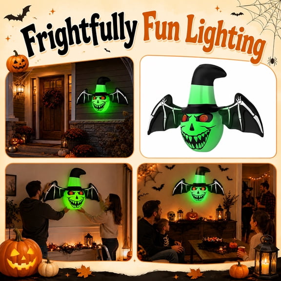Halloween Blow Up Yard Decorations, Light Up Halloween Decorations, Bat Decorations for Halloween with Witch Hat and Skeleton Wing Details, Spooky Glowing Inflatable Party