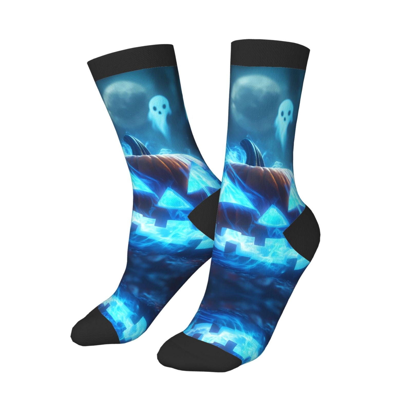 Halloween Blue Flame Pumpkin Ghost Kids Boys Girls Crew Socks, Bright