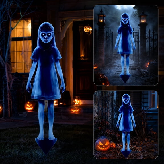 Halloween Blue Ghost Girl Garden Decor, Outdoor Courtyard Horror Plaques, Double-Sided Waterproof Display for Haunted House Party, Scary Visual Effect, Graveyard Lawn Decoration