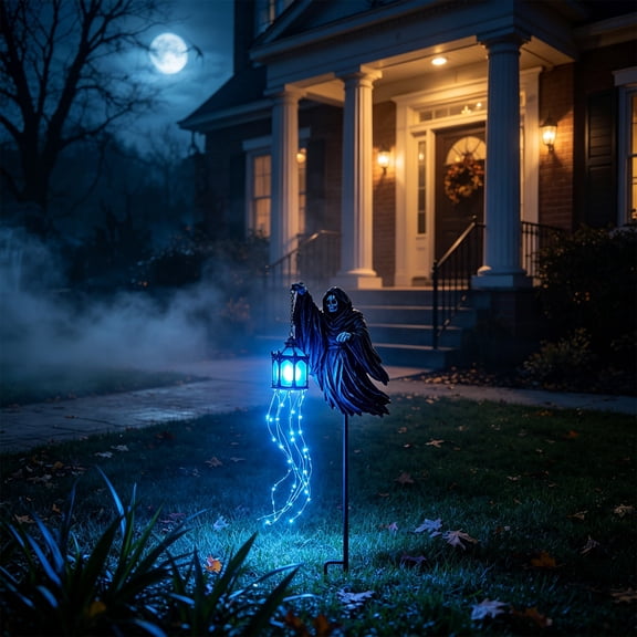 Halloween Blue LED Glowing Ghost Light Strip with Skull Lanterns Spooky Halloween Courtyard Garden Porch Outdoor Decorations