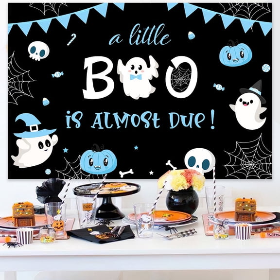 Halloween Blue A Little Boo Is Almost Due Background Cloth Party Backdrop 5ft x 3.3ft Vinyl with Corner Grommets and 6m White Satin Ribbon for Baby Shower Entryway and Indoor Celebration