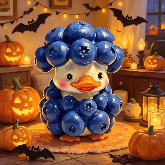 Halloween Blueberry Duck Figurine Statue, Cute Resin Duck Ornament for Home Desk Shelf Autumn Decor, Adorable Mini Thanksgiving Tabletop Decor for Housewarming Gift