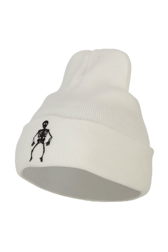 Halloween Body Skeleton Embroidered Long Beanie - White OSFM