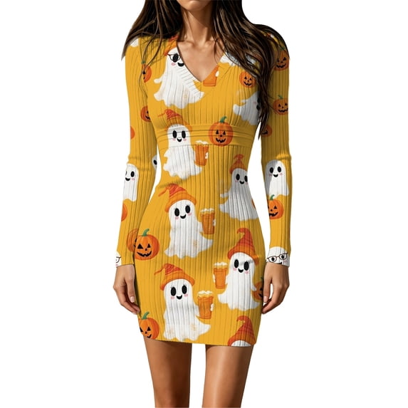 Halloween Bodycon Dress for Women Cute Ghost Pumpkin Witch Graphic Tight Fit Mini Dresses Long Sleeve Ribbed Knit Comfy Stretchy Halloween Sweater Dress Party