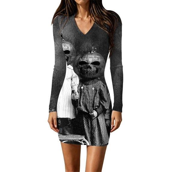 Halloween Bodycon Dress for Women Cute Ghost Pumpkin Witch Graphic Tight Fit Mini Dresses Long Sleeve Ribbed Knit Comfy Stretchy Halloween Sweater Dress Party