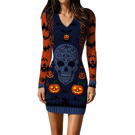 Halloween Bodycon Dress for Women Cute Ghost Pumpkin Witch Graphic Tight Fit Mini Dresses Long Sleeve Ribbed Knit Comfy Stretchy Halloween Sweater Dress Party