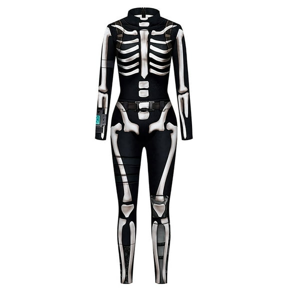 Halloween Bodysuits for Women Skeleton Jumpsuit Long Sleeve Halloween Zip-up Skull One Piece Outfit, 2XL, Black
