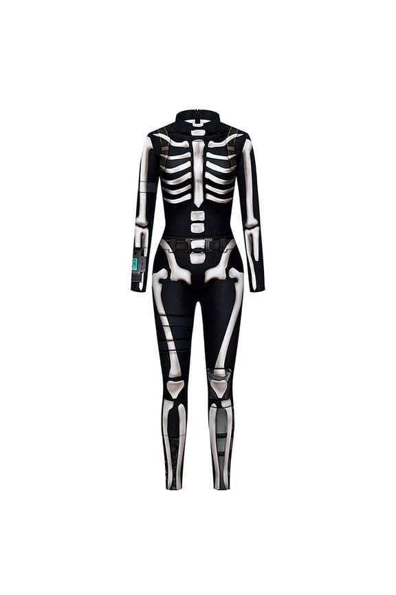 Halloween Bodysuits for Women Skeleton Jumpsuit Long Sleeve Halloween Zip-up Skull One Piece Outfit, 2XL, Black