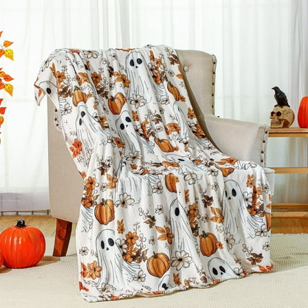 Halloween Bohemian Ghost Flannel Blanket Autumn Pumpkin Throw for Sofa Bed Party Home Decor(51"×59")