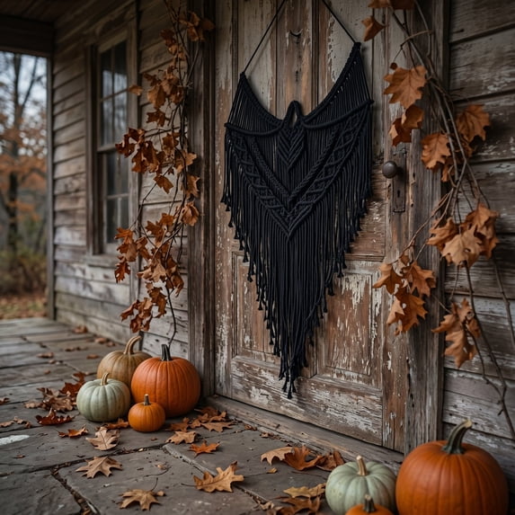 Halloween Boho Macrame Wall Hanging, Fringe Woven Pumpkin & Bat Shape Tapestry, Cotton Rustic Fall Indoor Decor for Bedroom, Living Room, Mantel (1PC, B)