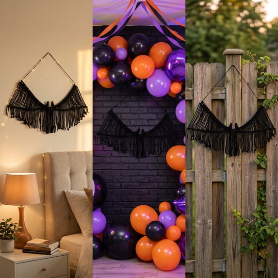 Halloween Boho Macrame Wall Hanging, Fringe Woven Pumpkin & Bat Shape Tapestry, Cotton Rustic Fall Indoor Decor for Bedroom, Living Room, Mantel (1PC, C)