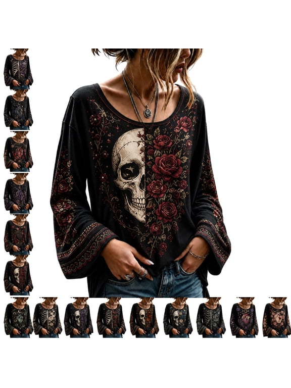 Halloween Boho Tops for Women Spooky Season Crew Neck Bell Sleeve Vintage Blouses Holiday Skull Floral Trendy Fall Sweatshirt for Women