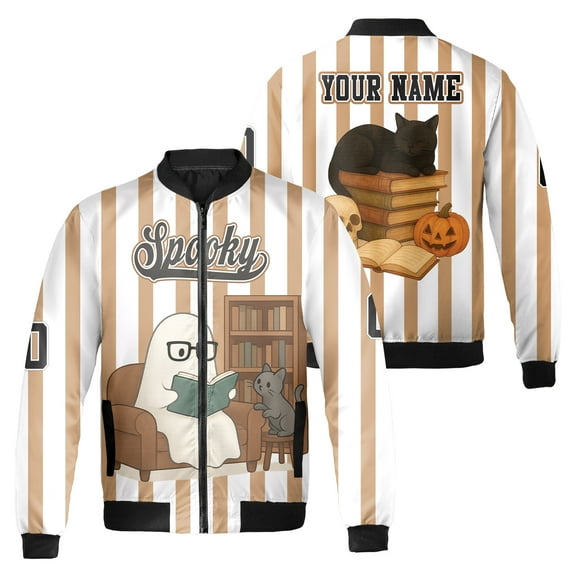 Halloween Bomber Jacket for Adults – Cute Ghost Reading with Cat, Striped Design, Spooky Autumn Fashion