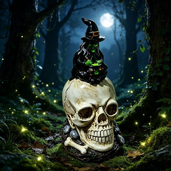 Halloween Bone Base Skull Witch LED Statue,Resin Light Up Figurine,Portable Desktop Accent for Fireplace,Entry Console,Party Tabletop,Home Decor