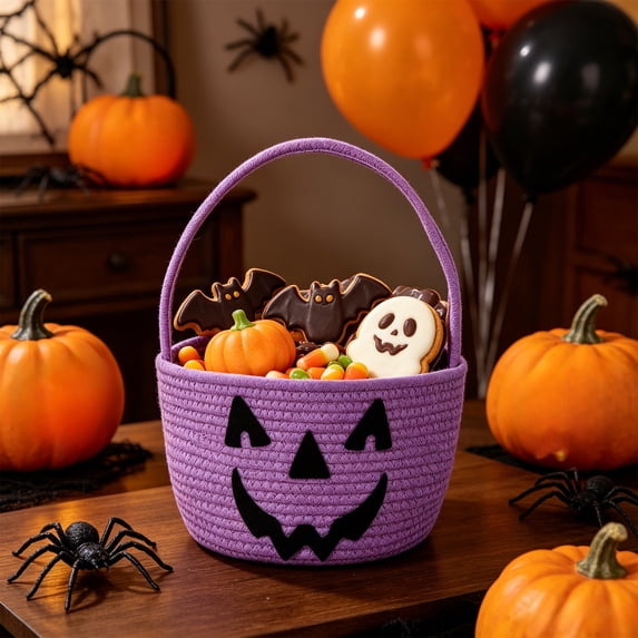 Halloween Boo Basket, Cute Trick or Treat Bucket, Woven Cotton Rope Spooky Baskets with Handle, Reusable Halloween Candy Bag, Gift Boo Basket Empty
