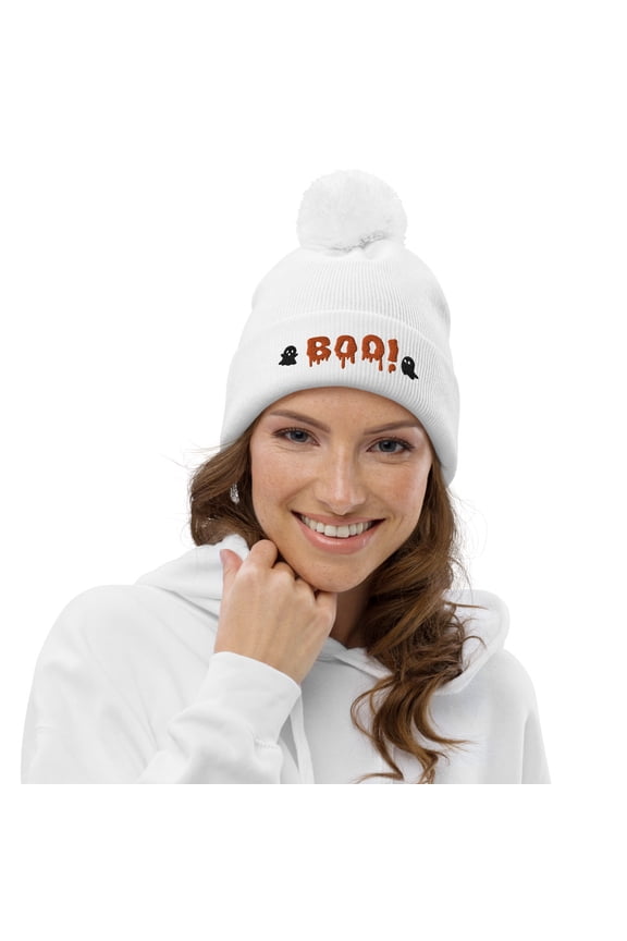 Halloween Boo Beanie with Pom Pom, Puff Paint Beanie, Halloween Beanie with Ghosts, Boo! Hat