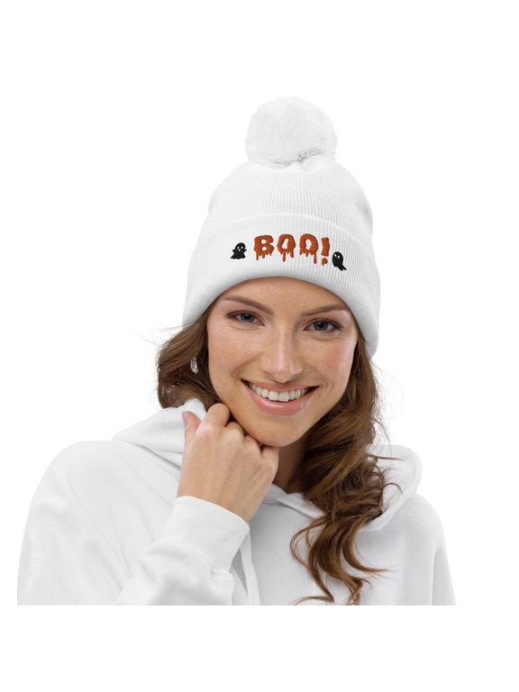 Halloween Boo Beanie with Pom Pom, Puff Paint Beanie, Halloween Beanie with Ghosts, Boo! Hat