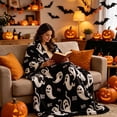 thumbnail image 1 of Halloween Boo Cartoon Ghost Flannel Throw Blanket, Black Background Spooky Ghost Decorative Blanket, Cozy Fall Holiday Nap Blanket, for Sofa, Bed, Party Decor, 1 of 7