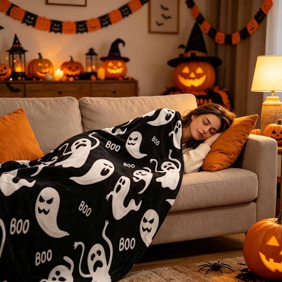 Halloween Boo Cartoon Ghost Flannel Throw Blanket, Black Background Spooky Ghost Decorative Blanket, Cozy Fall Holiday Nap Blanket, for Sofa, Bed, Party Decor