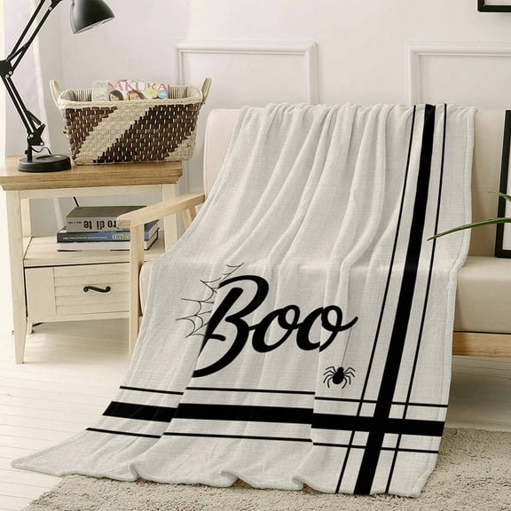 Halloween Boo Cowweb Black Striped Retro Linen Texture Throw Flannel Blanket 50x60In Super Soft Cozy Bed Blanket, Lightweight Plush Fuzzy Bed Throw for Bedroom Sofa Couch Living Room