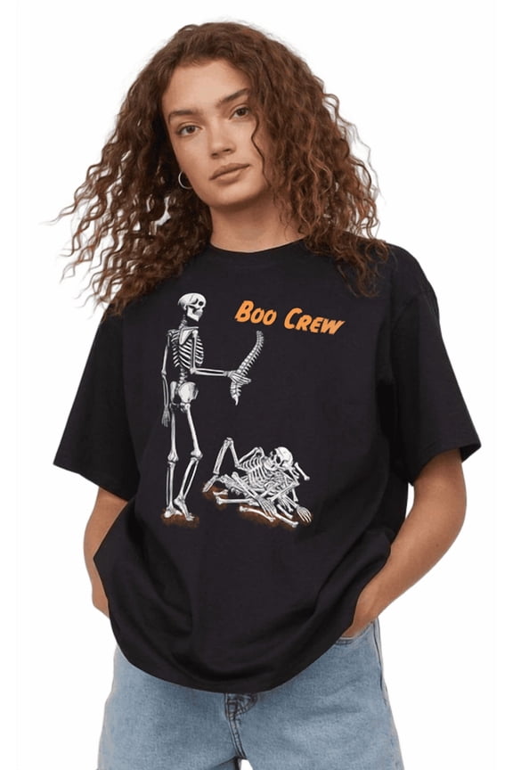 Halloween Boo Crew Skeleton Graphic T-Shirt for Women & Men, Funny Spooky Tee