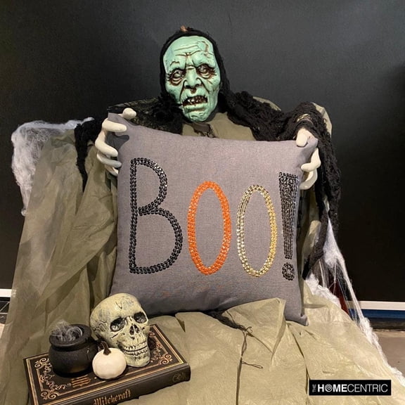 Halloween Boo Decorative Throw Pillow covers Charcoal 16"x16" (40x40 cm) Linen Boo, Halloween, Sequins Embroidery Pillowcase, Monogram Modern Style - Boo