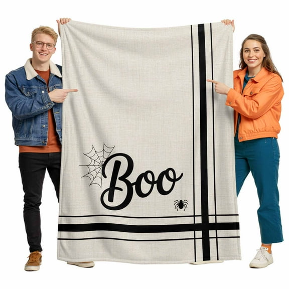 Halloween Boo Flannel Blanket for Bed,Travel and Camping, Cowweb Black Striped Retro Linen Texture Super Soft Cozy Blanket for All Seasons 60"x80"